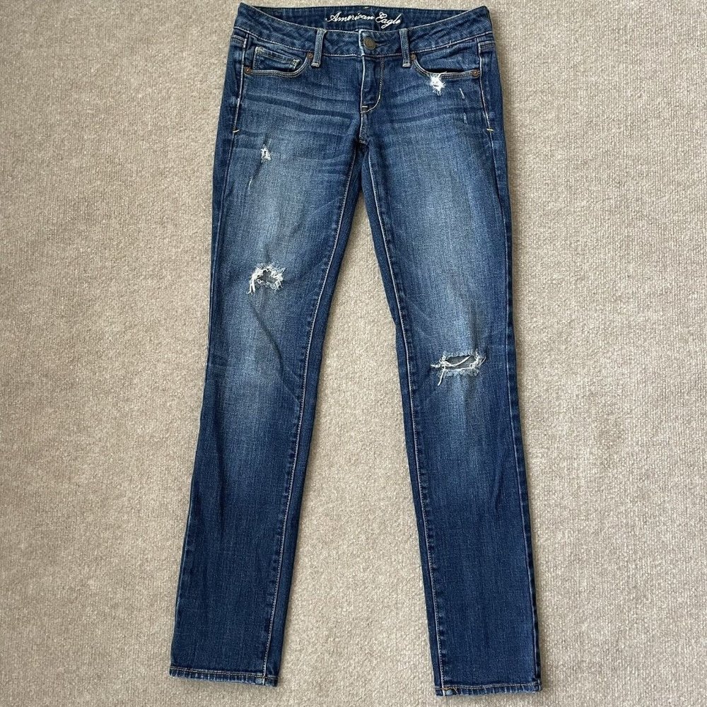 American Eagle Jeans Womens 2 Skinny Distressed Dark Wash Stretch Denim Pants